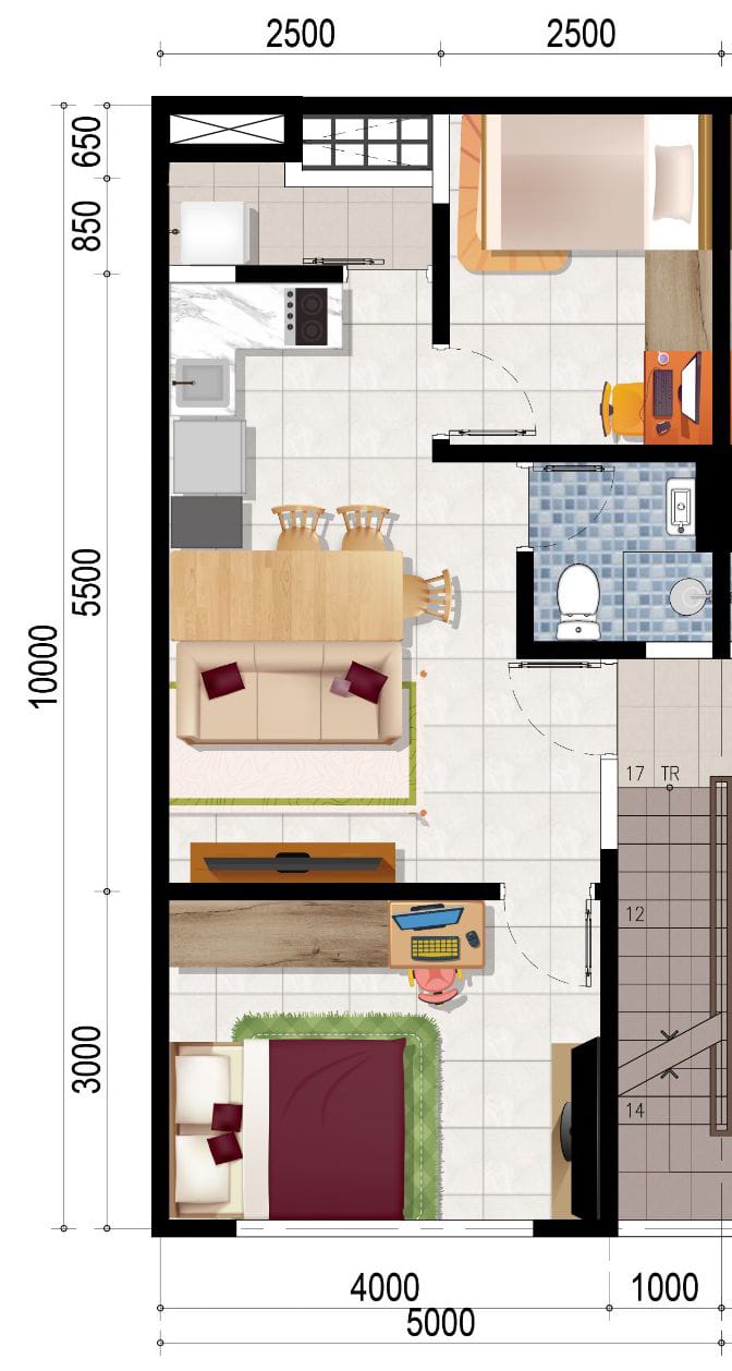 Ilustrasi 3D Unit Lantai 2 dan 3 Apartemen Green Royal Puri Condo House