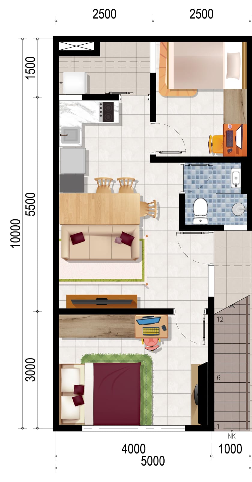 Ilustrasi 3D Lantai 1 Green Royal Apartemen Condo House